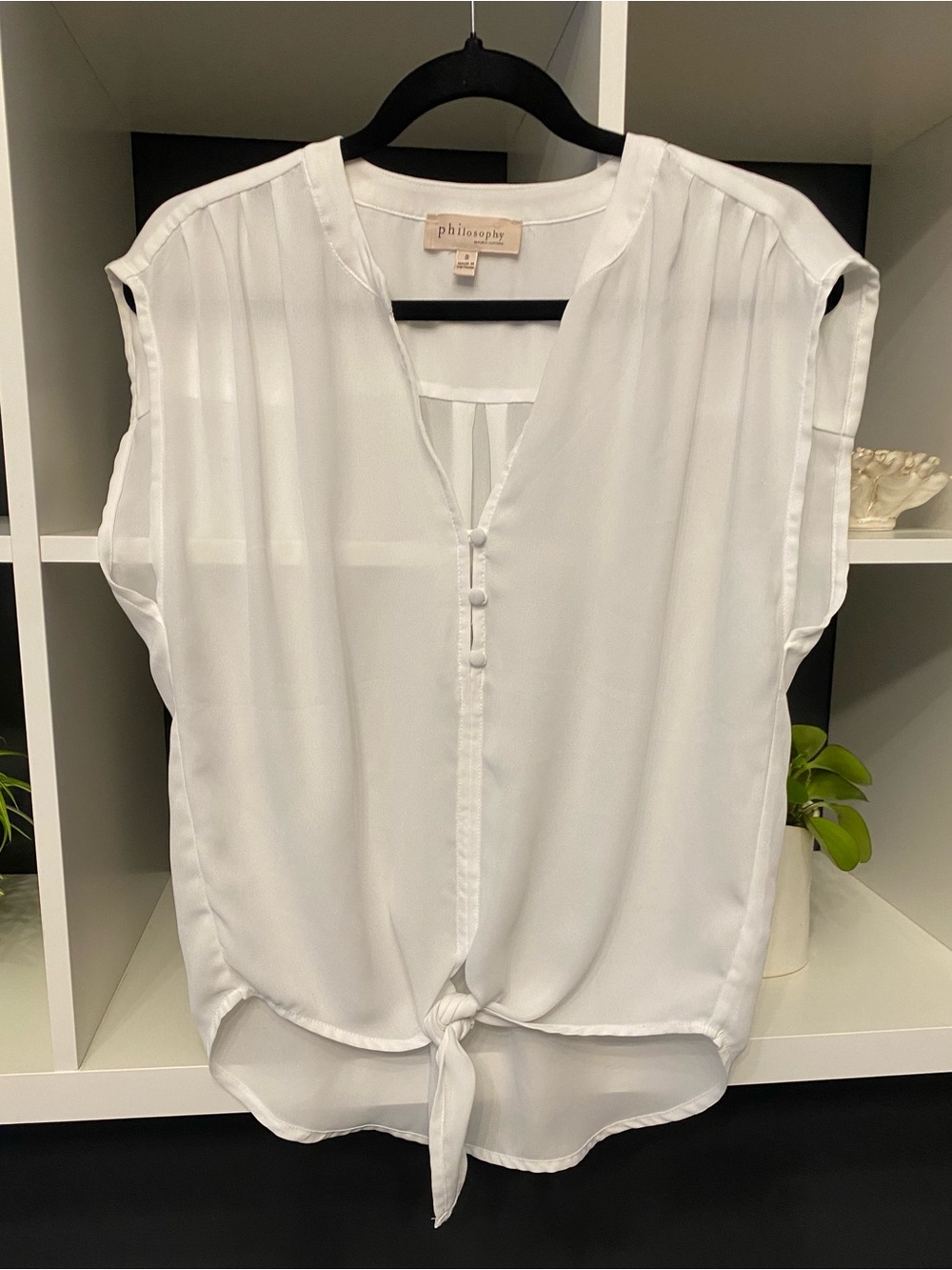 NWOT Philosophy Sheer White Tie-Hem V-Neck Cap Sleeve Blouse Size Small